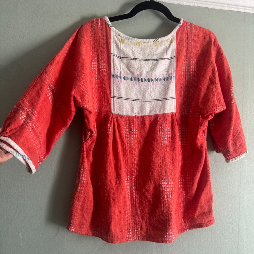 Ace & Jig Peasant Blouse S Red Woven Cotton Lurex Stripe Boho Tunic Top